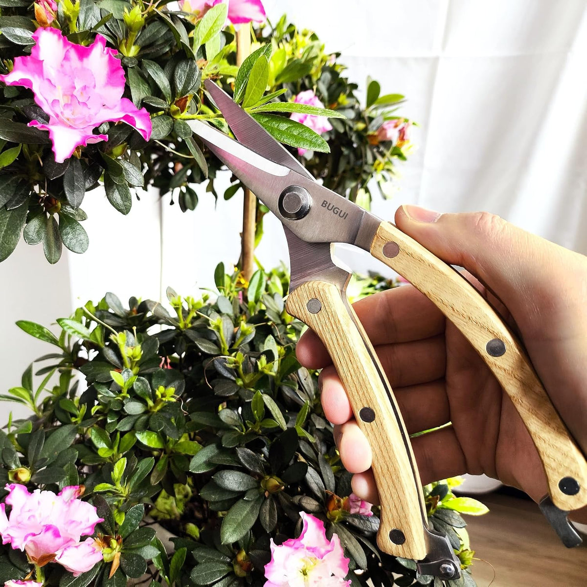 BUGUI Wood Handle Garden Shears, Long Straight Tip, All Steel Construction, Sharp, Well Designed