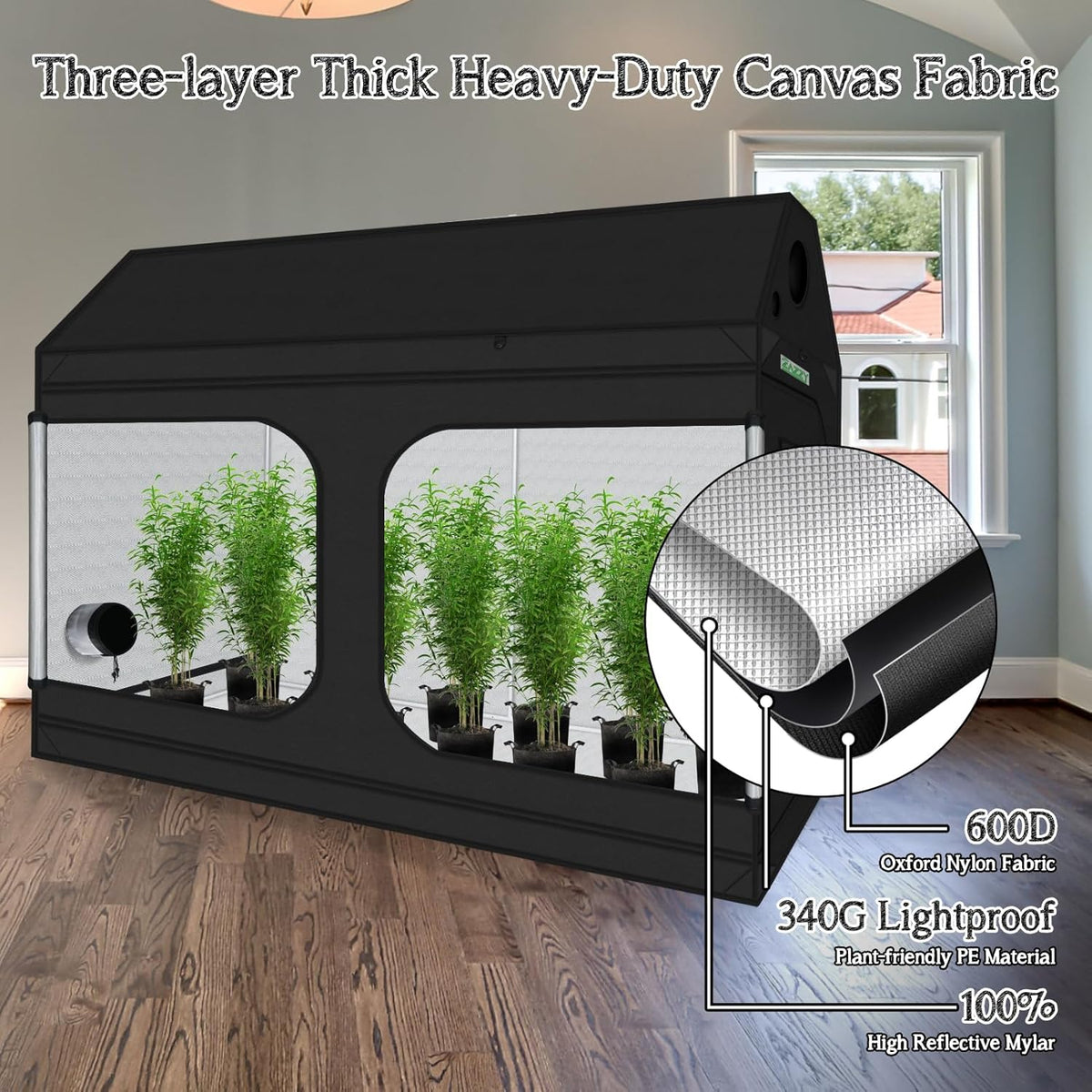 zazzy 4x8 Grow Tent, 96"x48"x72" Roof Cube Indoor Plant Grow Tents with Observation Windows