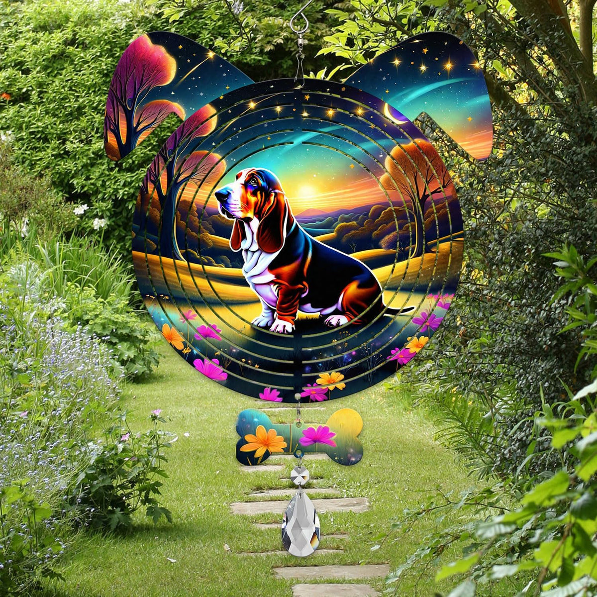 Basset Hound Dog Ears Wind Spinner, Basset Hound Wind Spinner Hanging for Yard and Garden