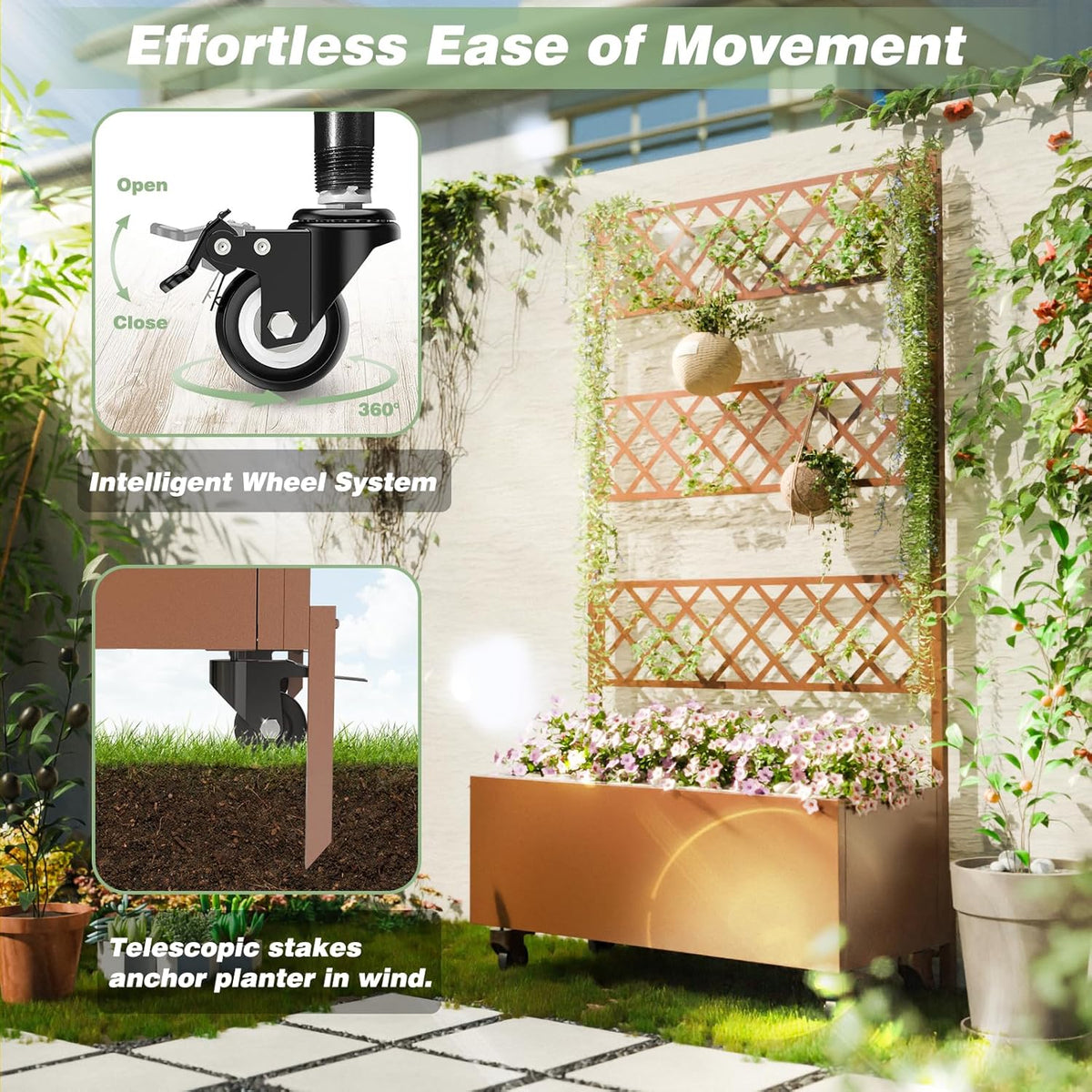 Kinchox Metal Raised Garden Bed with Trellis Outdoor Metal Planter Box with Planting Pockets Garden