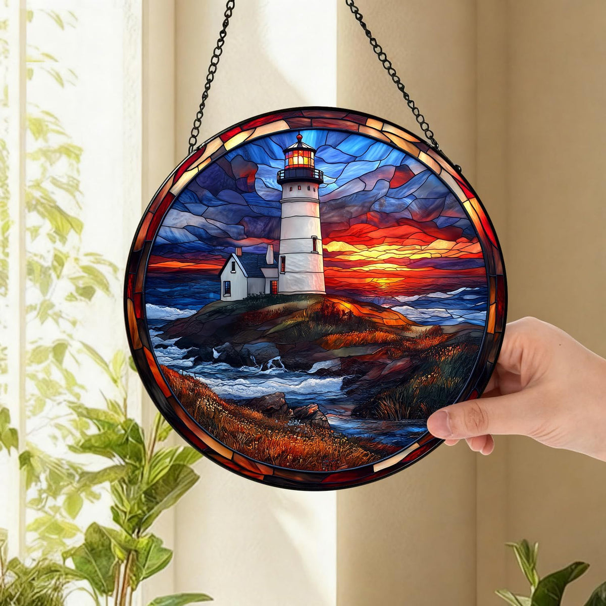 Coastal Lighthouse in Autumn Suncatcher -7.9 in Stained Glass Window Hanging Sun Catcher Garden