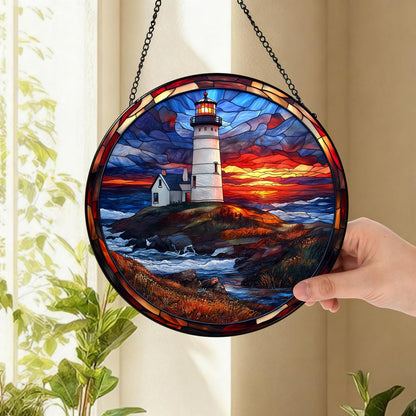 Coastal Lighthouse in Autumn Suncatcher -7.9 in Stained Glass Window Hanging Sun Catcher Garden