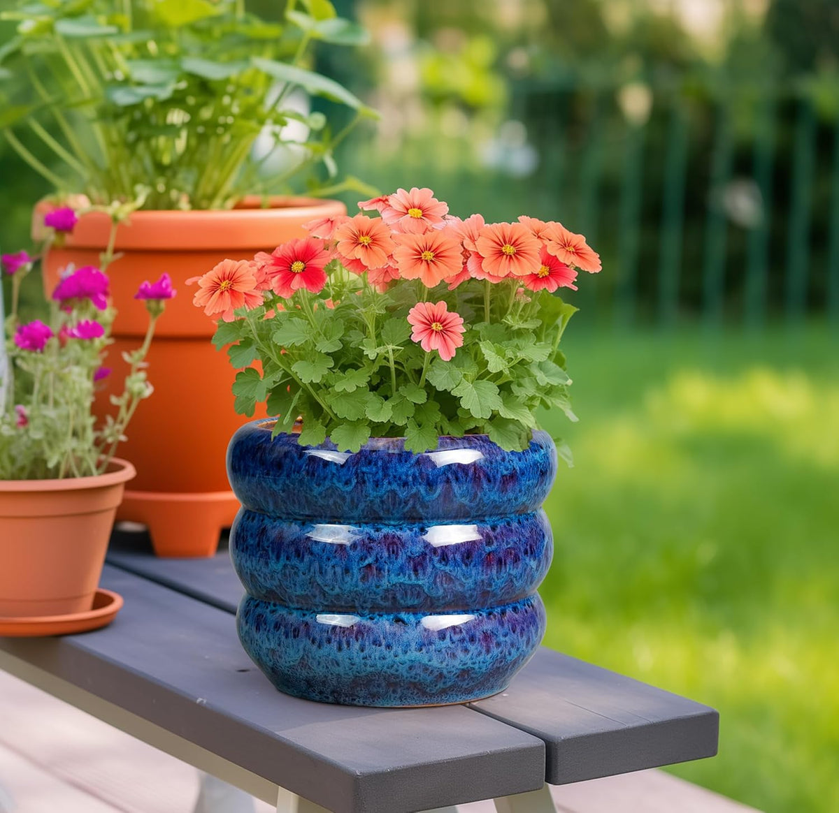 SQOWL Ceramic Planter Pot - 8 Inch Plant Pot Indoor with Drainage Hole Round Outdoor Pot for Plants