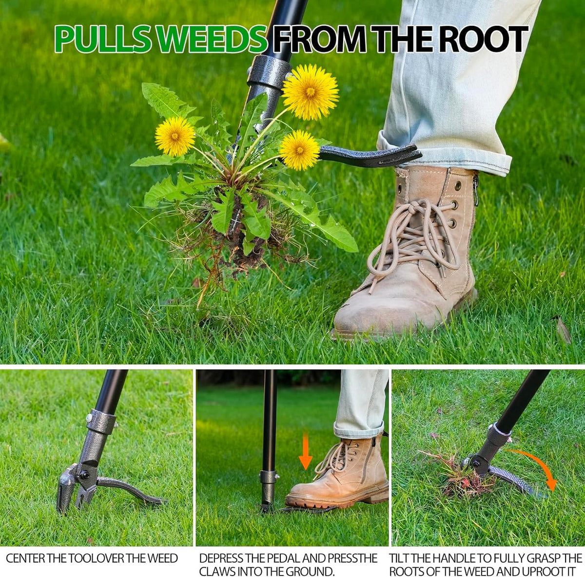 Weed Puller, Stand Up Weed Puller Tool with Steel Long Handle & 4-Claw Steel Head, 46" Adjustable