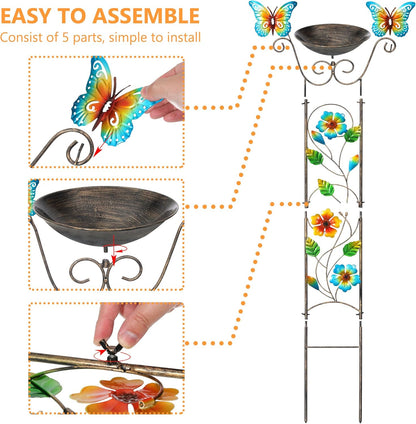 SUNNYPARK Bird Bath with Trellis Outdoor, Antique Garden Iron Plant Trellis with Decorative