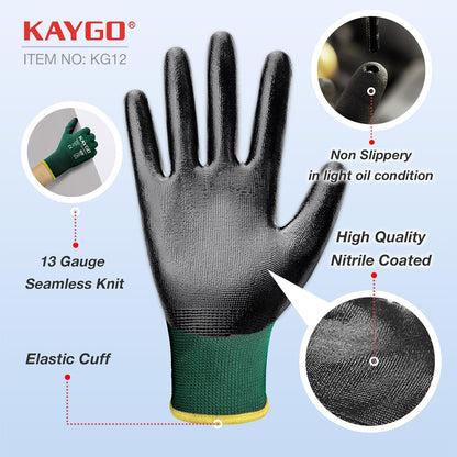 KAYGO Work Gloves Nitrile Coated, 12 Pairs KG12N，Seamless Knit, Protective Safety Work Gloves with