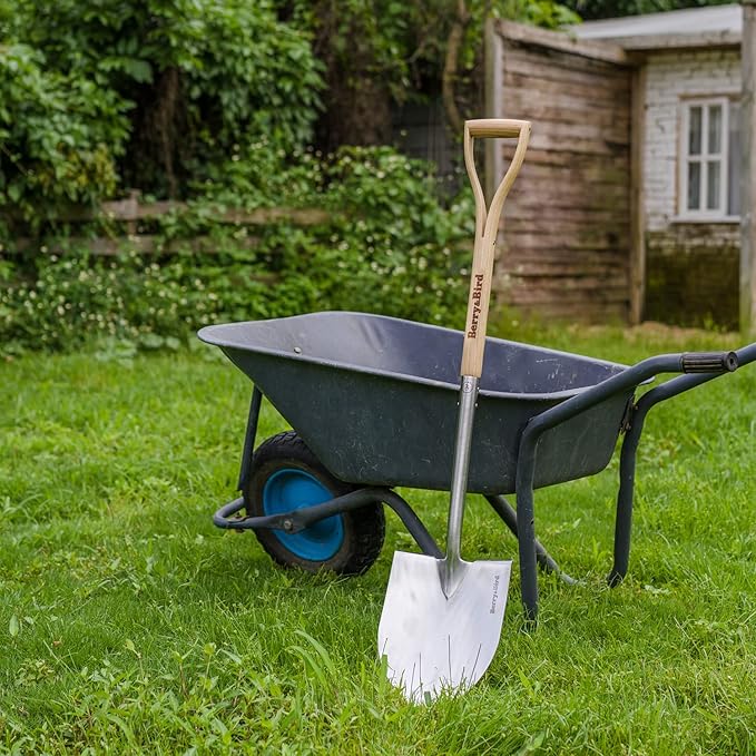 Berry&Bird Round Point Gardening Shovel with Wood D-Handle, 40.98" Stainless Steel Beach & Snow