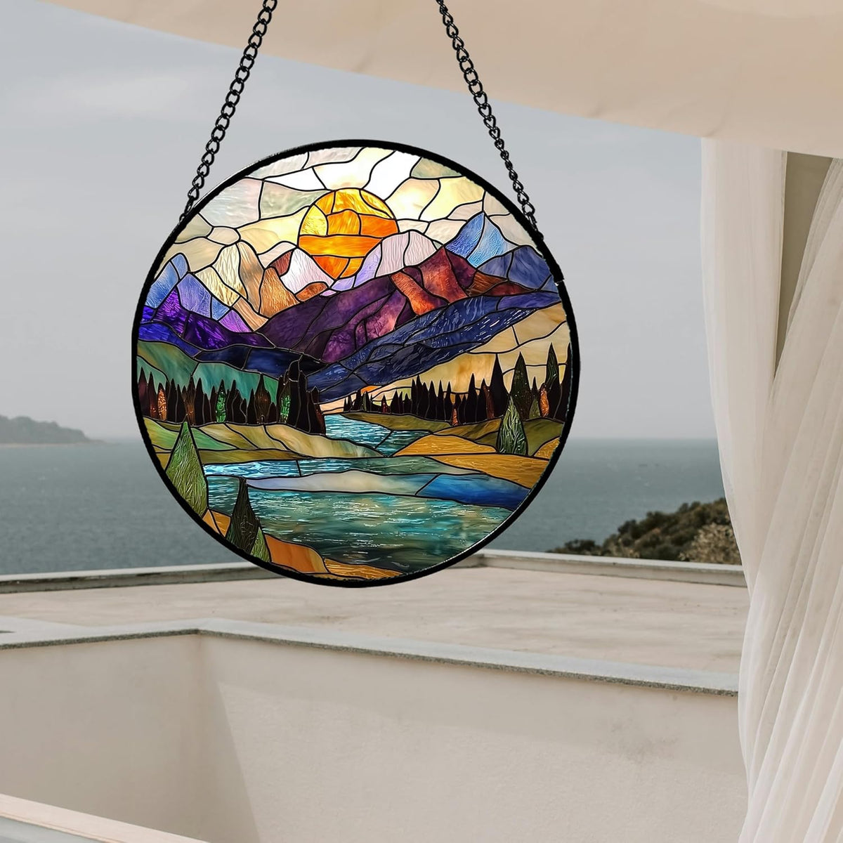 Stained Glass Window Hanging, Blue Lake Golden Sun Abstract Mountains Landscape Suncatcher for