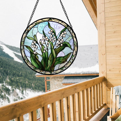 Stained Glass Window Hanging, White Green Lily of The Walley Flowers Sun Catcher for Door Home