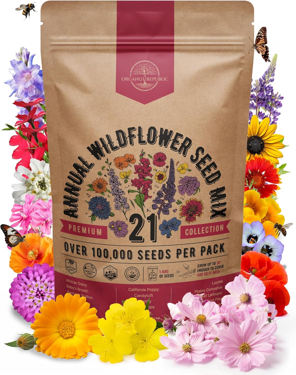 Organo Republic 21 Annual Wildflower Seeds Mix for Indoor & Outdoors. 100,000+ Non-GMO, Heirloom