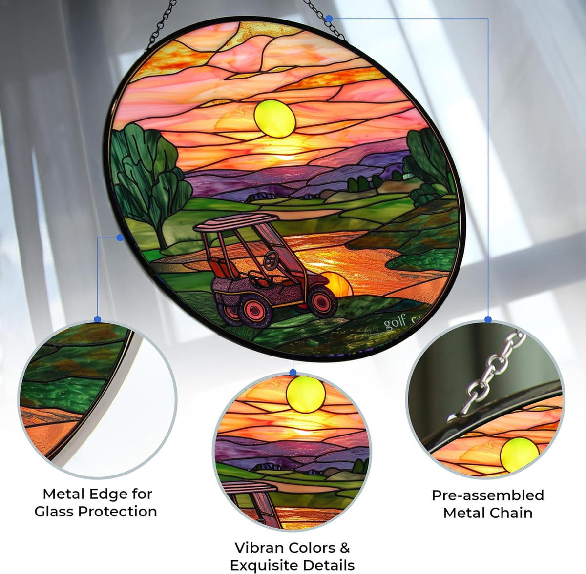 Golf Cart Stained Glass Window Hanging Sun Catcher Halloween Haning Ornament Decoration Christmas