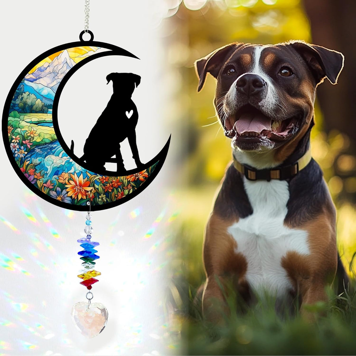 Boxer Suncatcher, Personalized Pet Loss Gift with Name & Date, Heart-Shaped Crystal Sun Catcher
