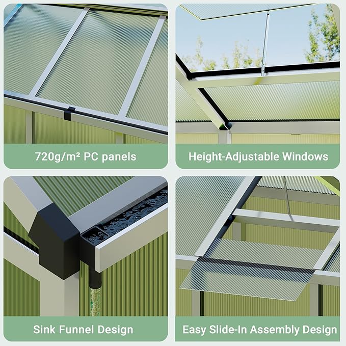 6x10 FT Greenhouse, Easy Assembly Aluminum Polycarbonate Greenhouses for Outdoors with Roof Vent
