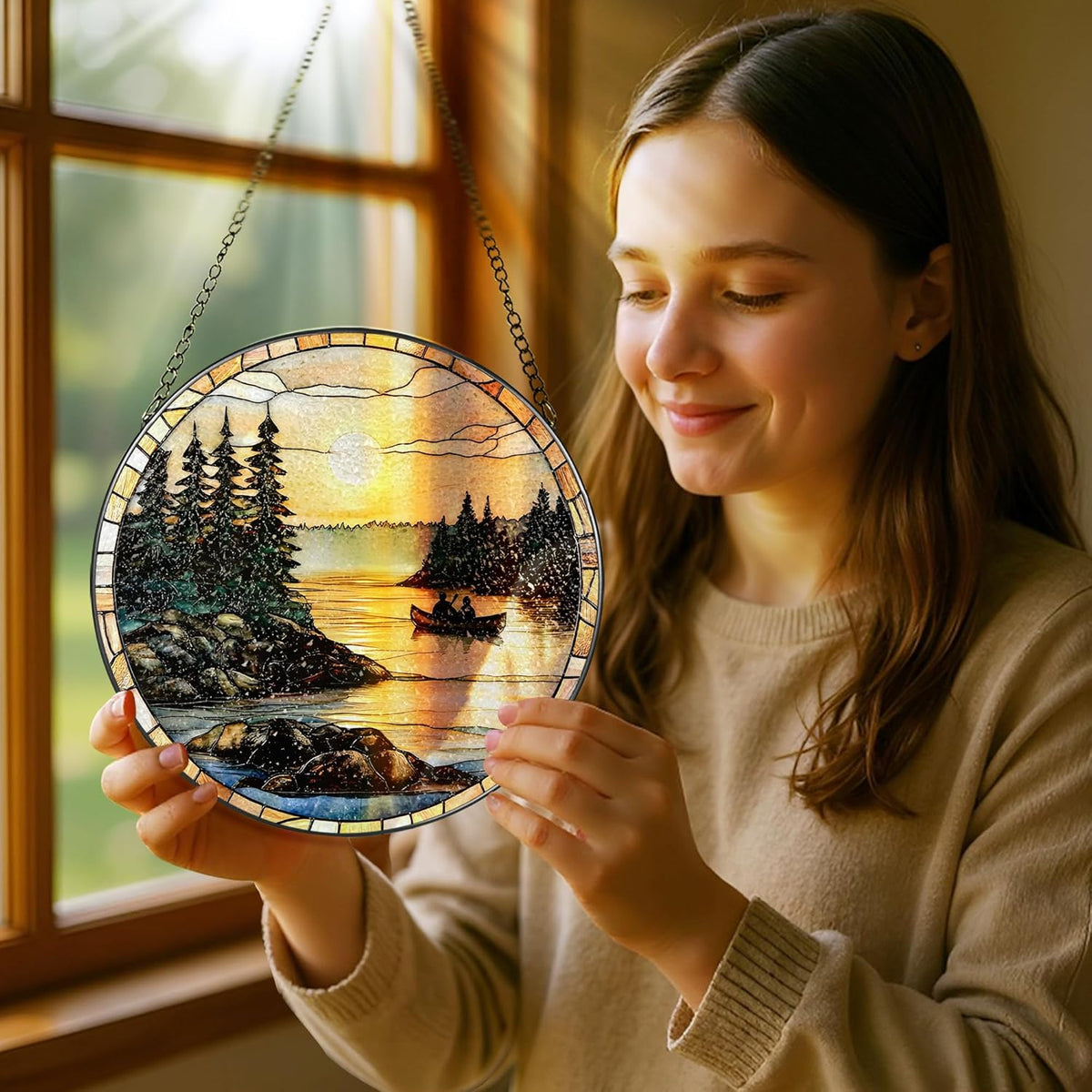 8-Inch Stained Glass Ornament, Stained Glass Window Hanging, Window Hanging Decor Suncatcher, Canoe