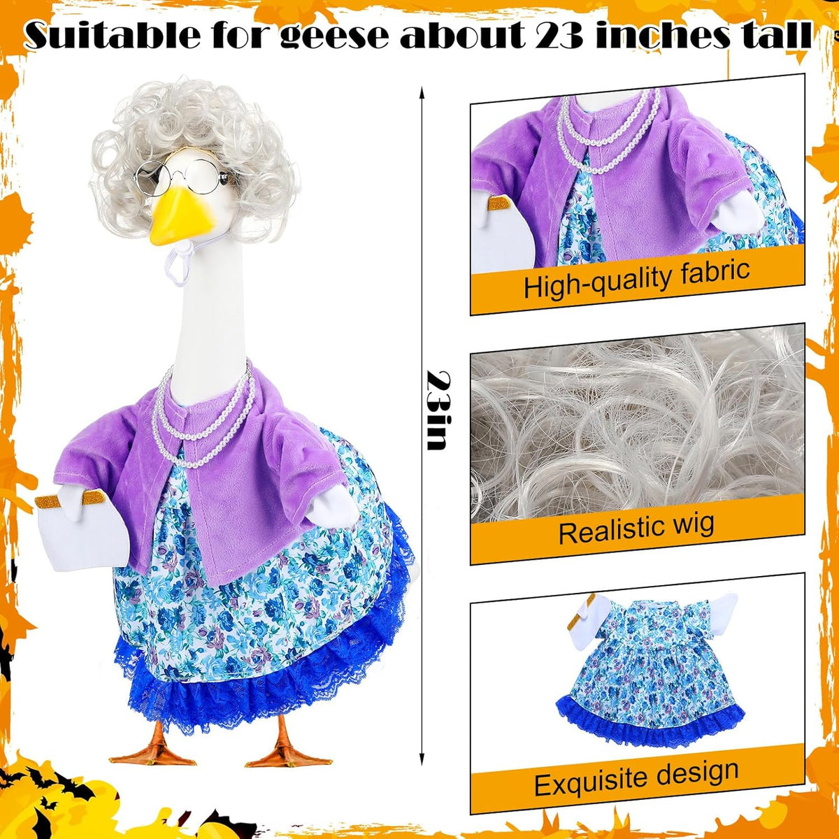 Abbylike Halloween Porch Goose Outfits Old Lady Goose Clothes with Sunglasses Pearl Necklace and