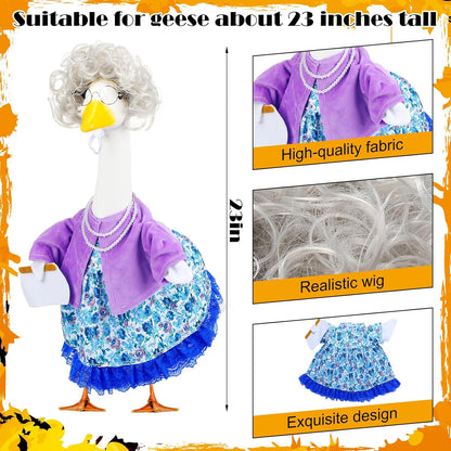 Abbylike Halloween Porch Goose Outfits Old Lady Goose Clothes with Sunglasses Pearl Necklace and