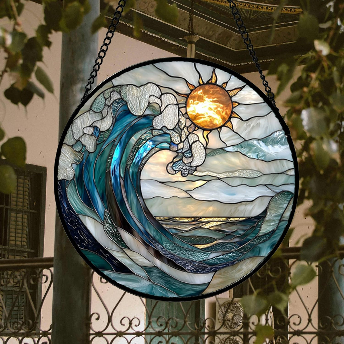 Stained Glass Window Hanging, Blue and White Waves Suncatcher Diamond Glass Panel Landscape Sun
