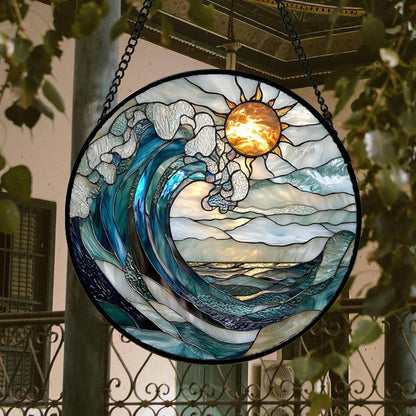 Stained Glass Window Hanging, Blue and White Waves Suncatcher Diamond Glass Panel Landscape Sun