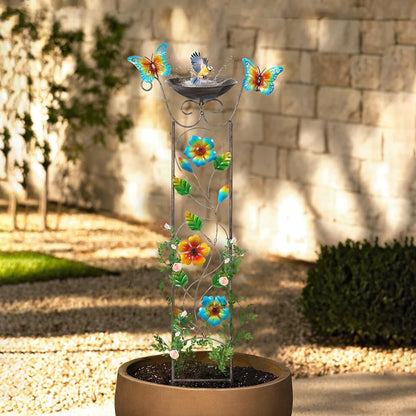 SUNNYPARK Bird Bath with Trellis Outdoor, Antique Garden Iron Plant Trellis with Decorative