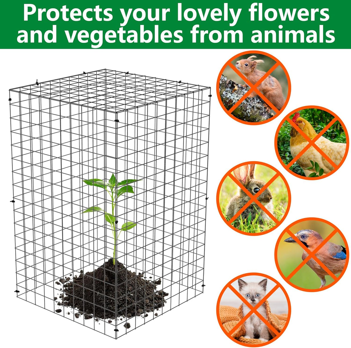 Adnee 7 Pack Wire Plant Protector with Cover-20x12x12 Inch Detachable Square Wire Cages to Prevent