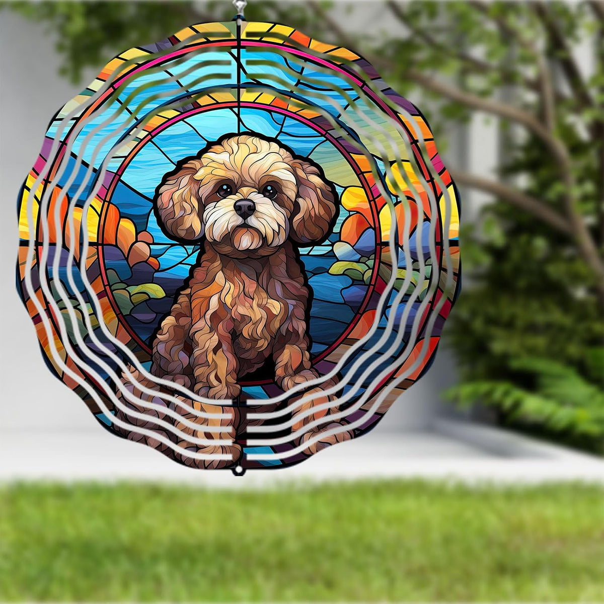 Poodle Dog Wind Spinners Outdoor Dog Memorial Gifts, 3D Metal Kinetic Hanging Garden Wind Spinner