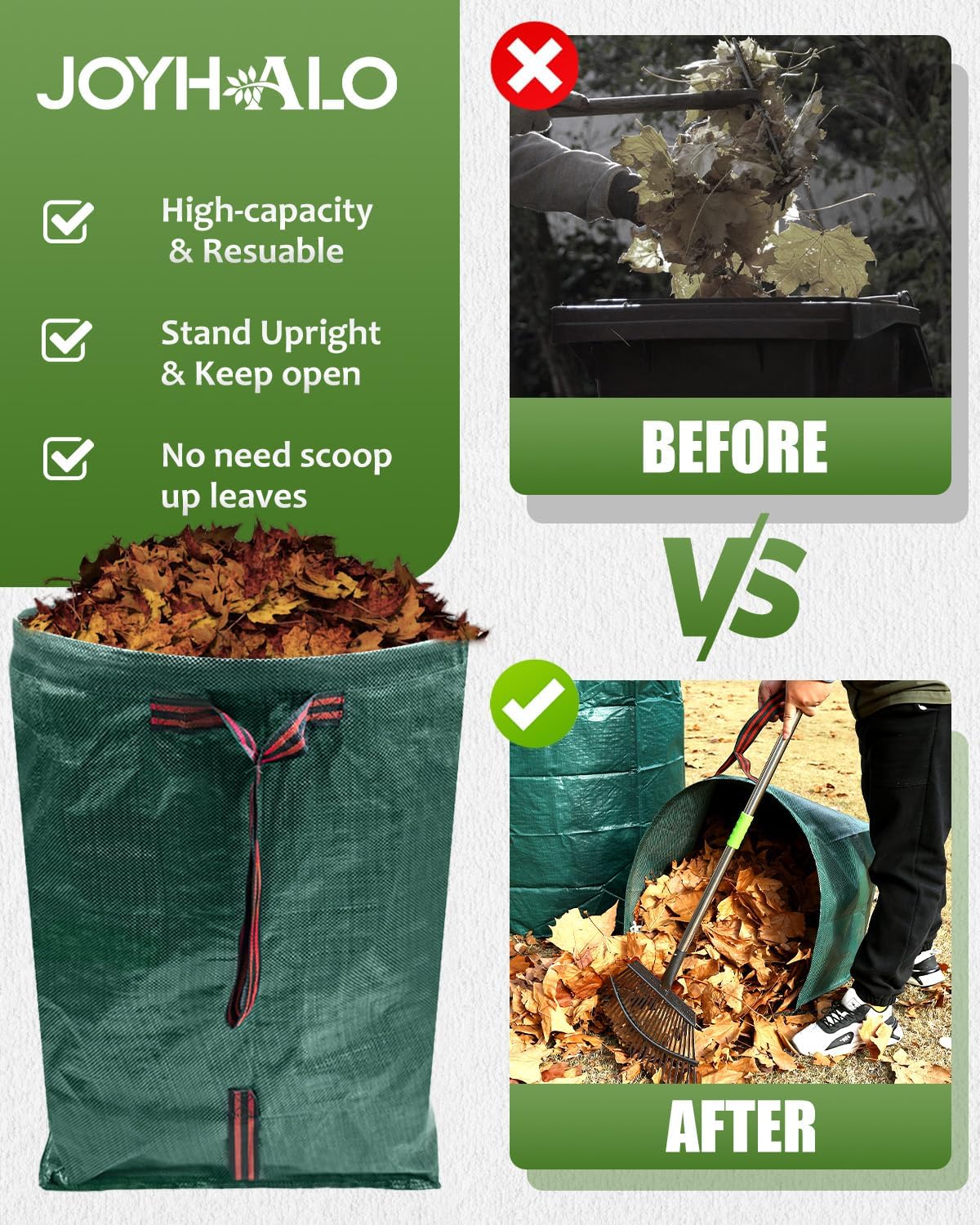 Joyhalo Reusable Yard Waste Bags, 2 Pack 40 Gallon Dustpan-Type Garden Bag for Collecting Leaves