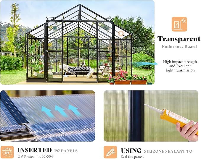 AMERLIFE 12x13.5x9 FT Hybrid Polycarbonate Greenhouse with Quick Connector Fast Assembly Clear