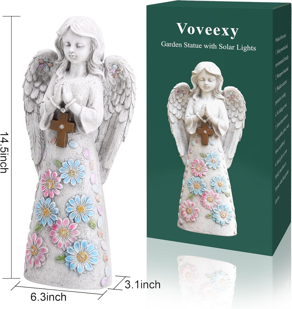 Angel Garden Figurine Outdoor Statue, Solar Garden Sculpture with 7 LEDs Welcome Sign Resin Praying