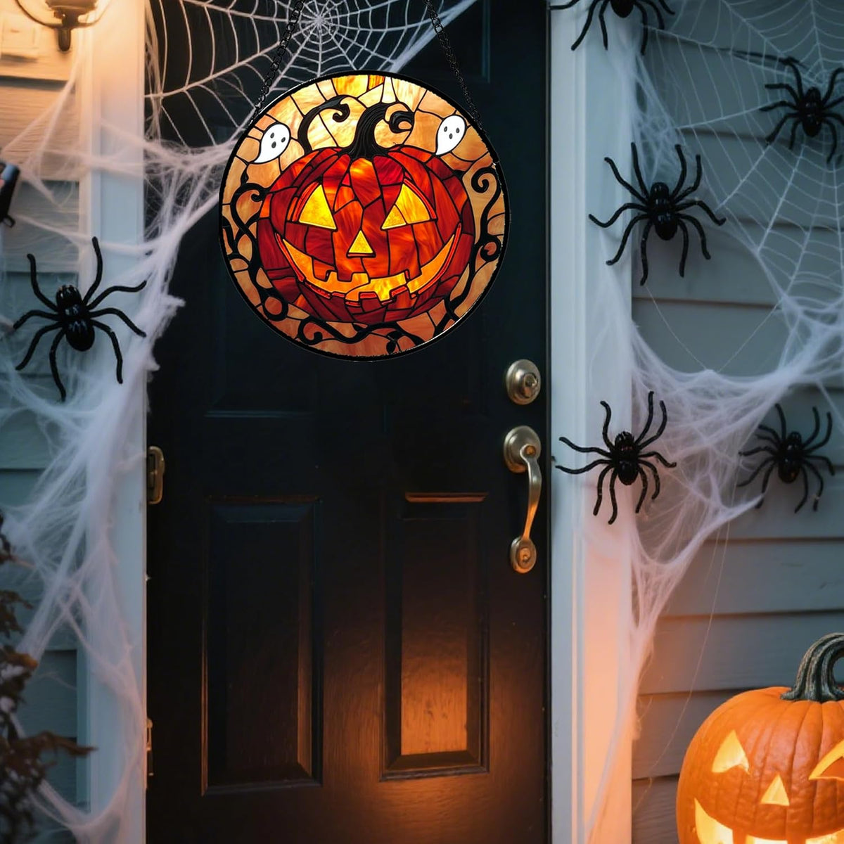 Stained Glass Window Hanging - Halloween Decorations Evil Pumpkin Orange Suncatcher for Doors
