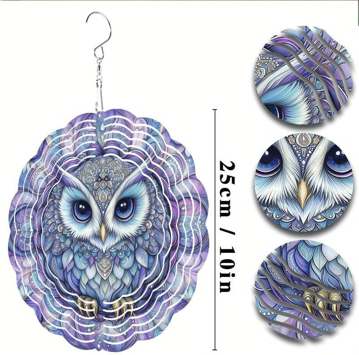 10 Inch Owl Wind Spinner, 3D Stainless Steel Hanging Kinetic Wind Sculpture Gifts for Garden Decor