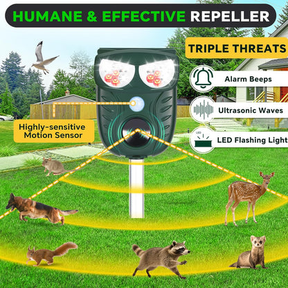 Solar Ultrasonic Animal Repellent Outdoor, Cat Squirrel Raccoon Dog Deer Repellent Device with