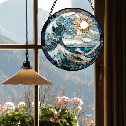 Stained Glass Window Hanging - White Sun Big Wave Suncatcher for Door Terrace Garden Home Decor