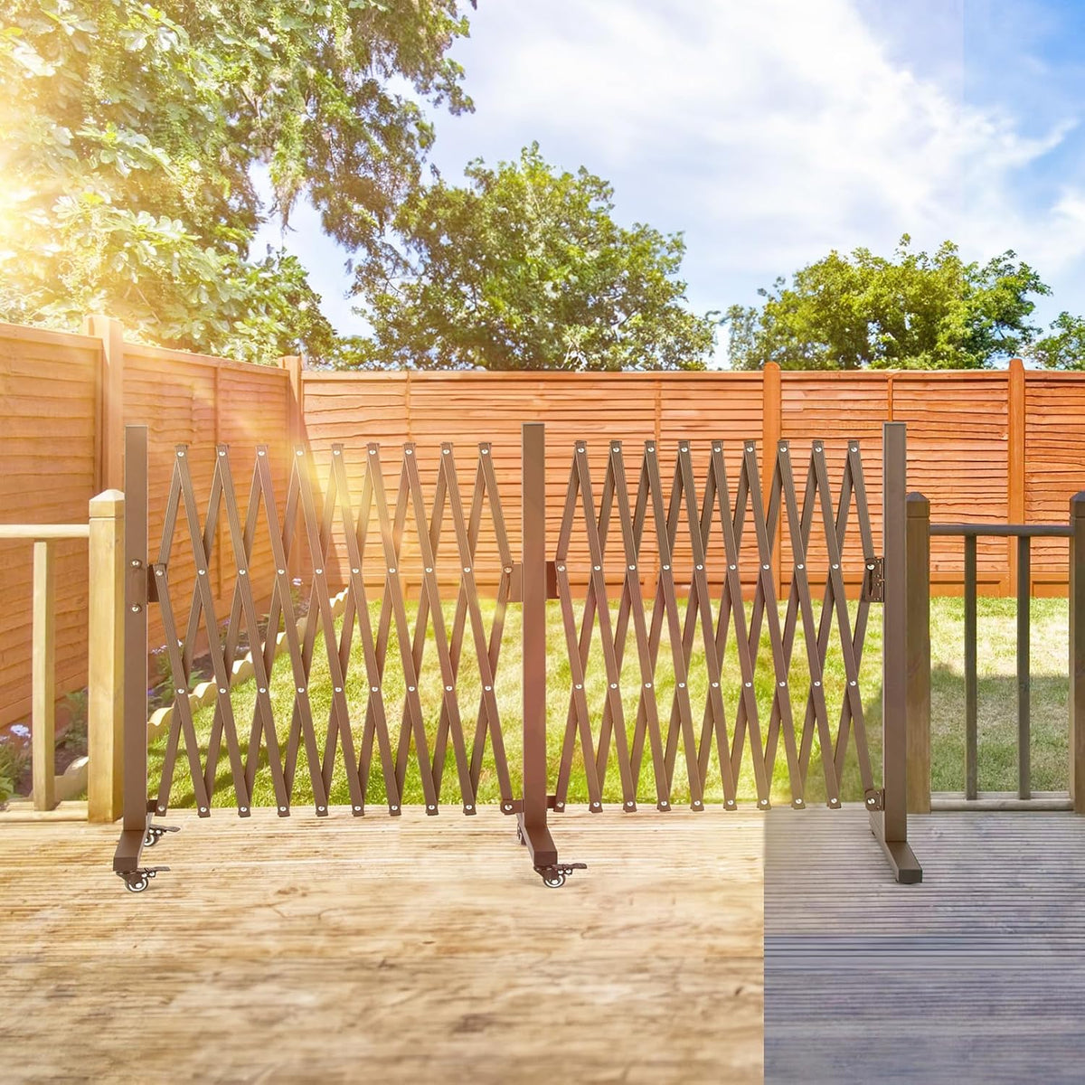 TECSPACE Aluminum Expandable Garden Fence, Portable Barricade Gate with Casters, Adjustable