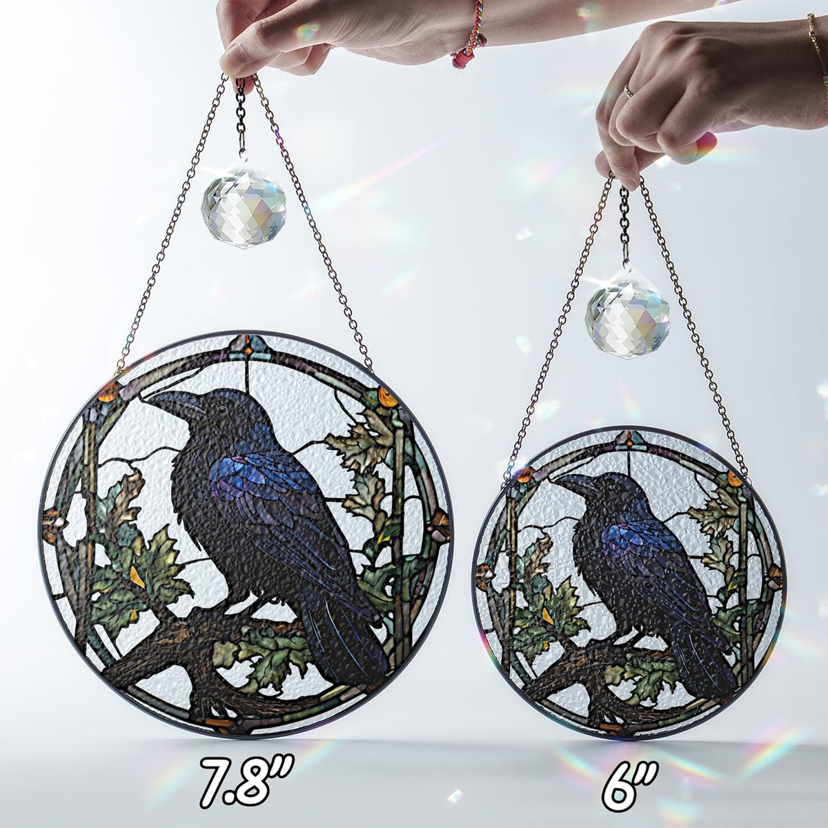 7.8" Crow Stained Glass Suncatchers Art Glass Ravens for Sun Catcher Indoor Gothic Gifts for Pet