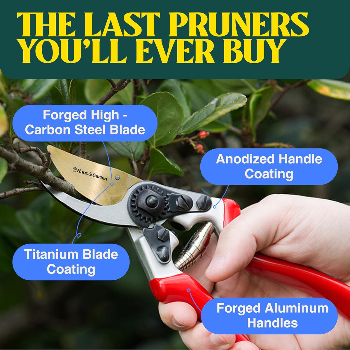 Haus & Garten EnduroPRO Ergonomic Bypass Pruners - Professional Titanium Garden Shears - Heavy Duty