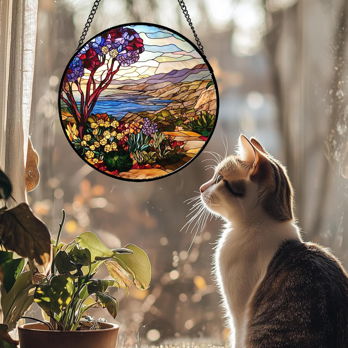 Stained Glass Window Hanging Retro Wildflowers Lake Mountain Scenery 7.8" - Suncatcher Door Garden