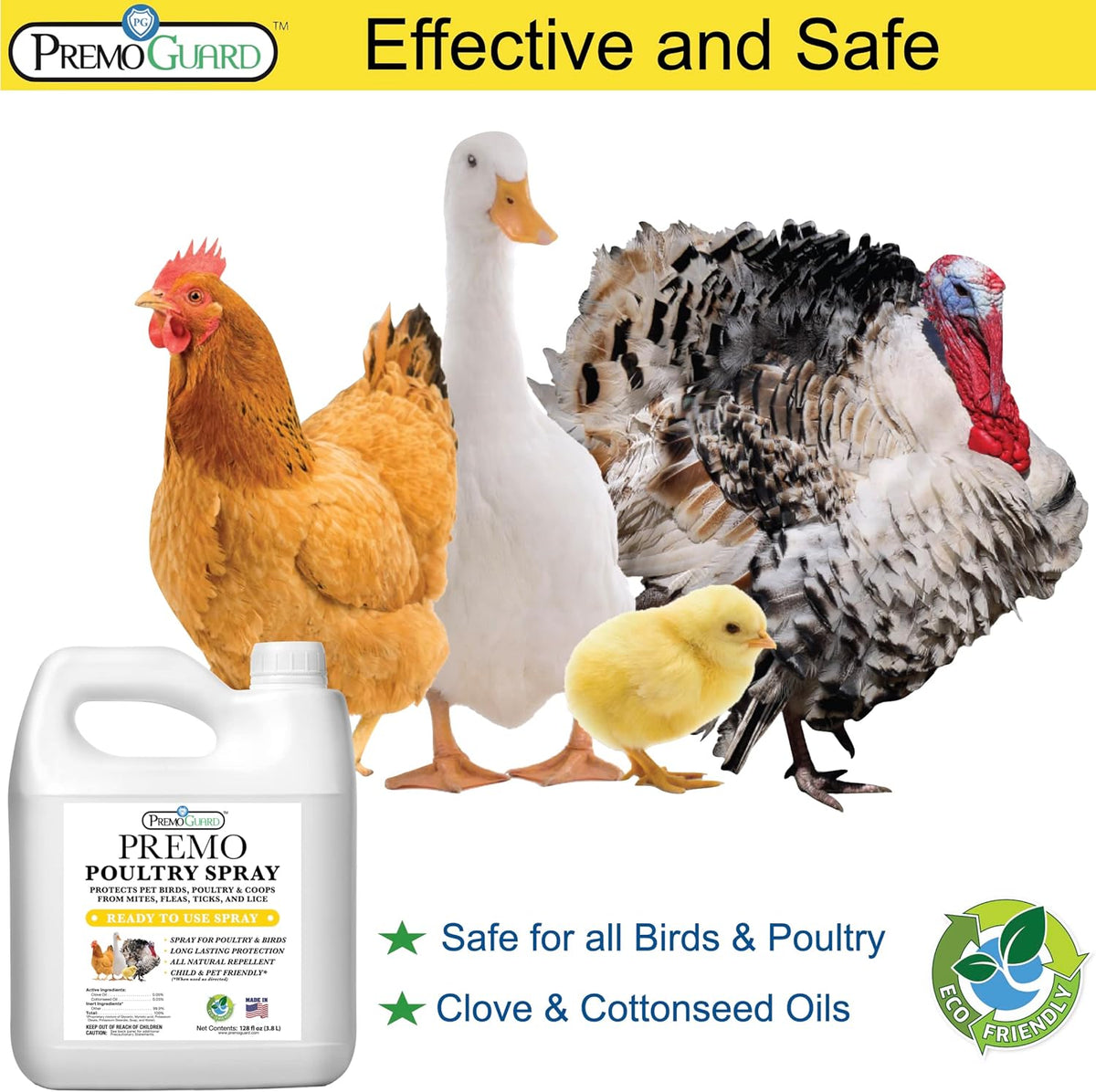 Premo Guard Poultry Spray - 128 oz - Kill Scaly Leg, Mites, Fleas, Lice, & Other Pest on Chickens