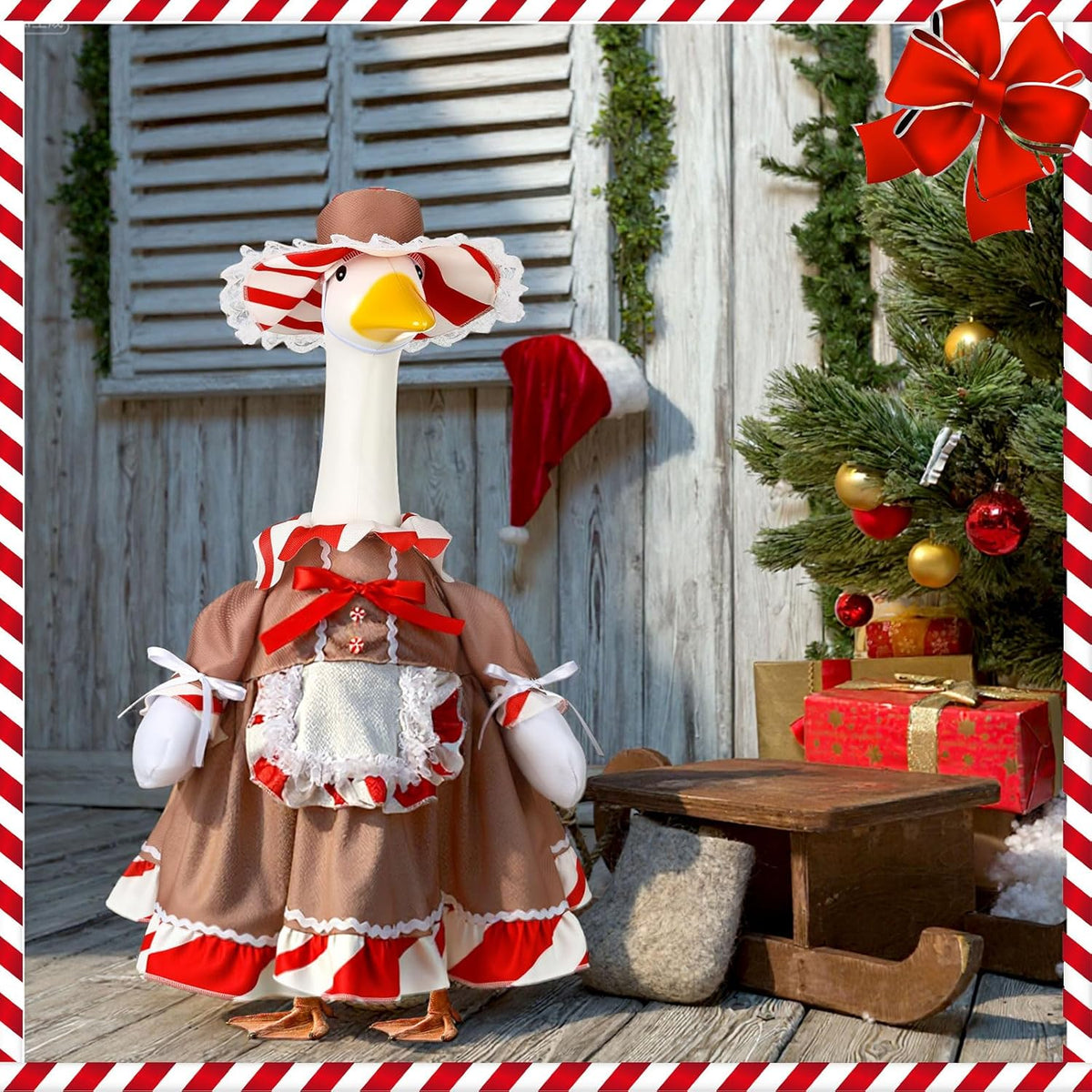 Christmas Gingerbread Porch Goose Outfit 23 Inch Red White Candy Goose Clothes for Cement or