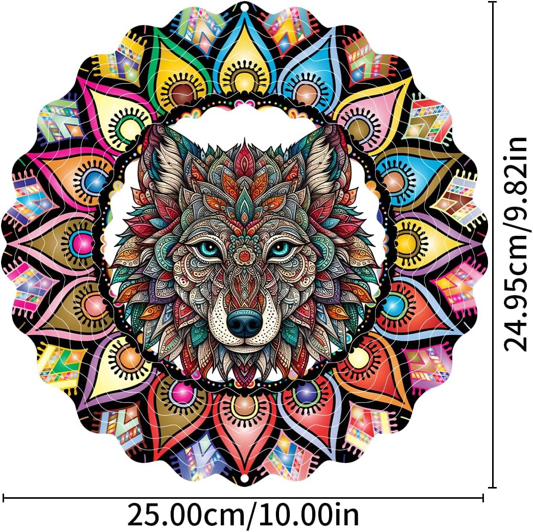 Hanging Wolf Wind Spinner for Outdoor Indoor 3D Stainless Steel Wind Sculptures 10 Inch Cool Animal