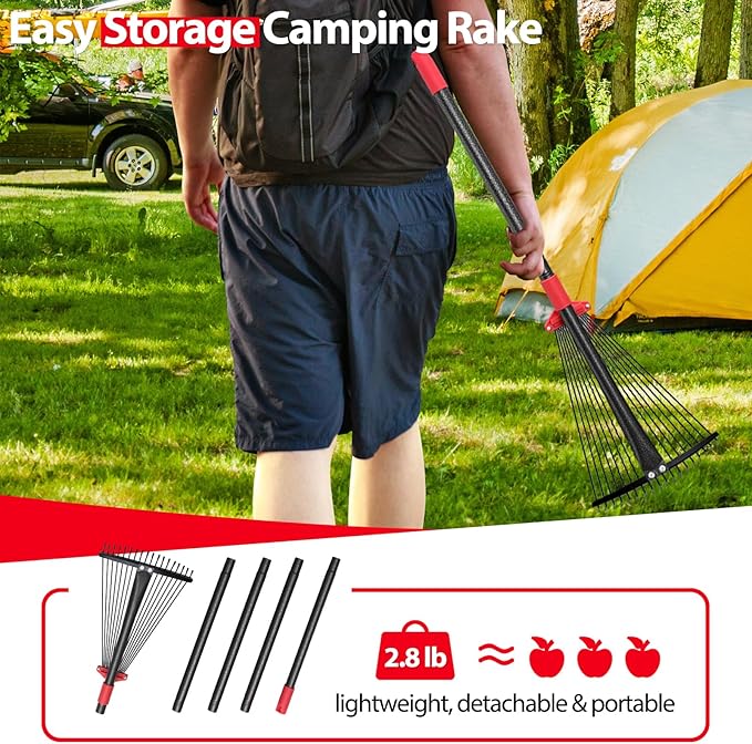 Rake for Leaves, Adjustable Garden Leaf Rakes for Lawns Heavy Duty, Metal Rake with 18 Clog-Free