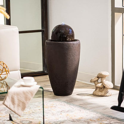 XBrand 25.98" H Round Stone Indoor/Outdoor Modern Stone Textured Sphere Water Fountain with LED