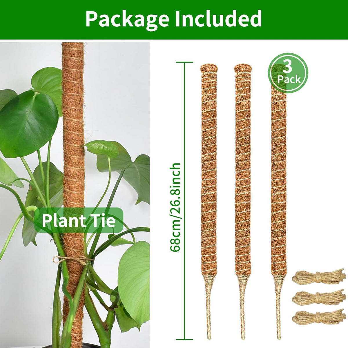 3 Pack Moss Pole, 26.8-Inch Moss Poles for Plants Monstera, Bendable Plant Support Stakes for