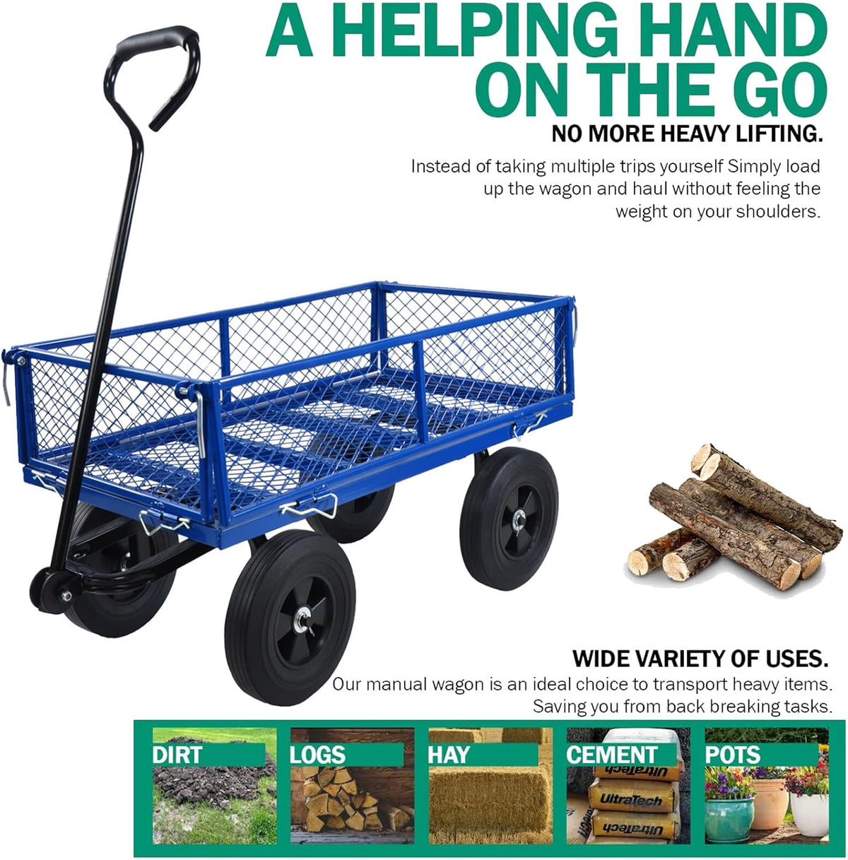 Heavy-Duty Solid Tire Garden Dump Cart - 4.86 cu. ft. Yard Wagon Cart with 600 LBS Capacity &