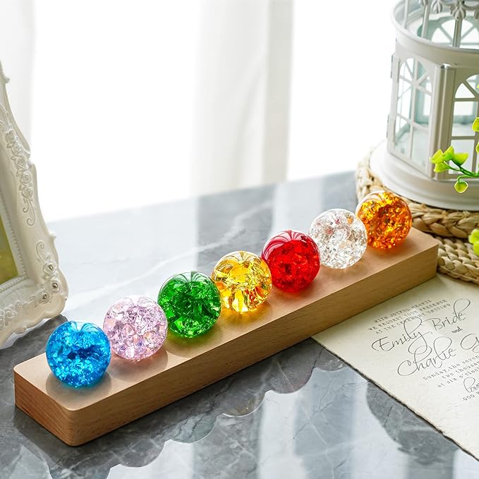 7 Colors 40mm Ice Cracked Balls Crystal Chakra Balls with LED Wooden Base Glass Healing Sphere