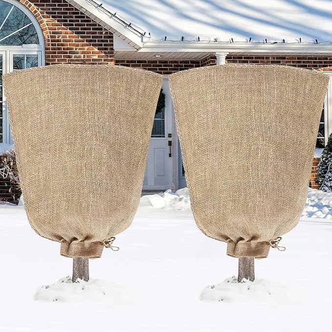 Riare 2 Packs 40 × 47 Inch Burlap Winter Plant Cover Bags with Drawstring- Reusable Large Burlap