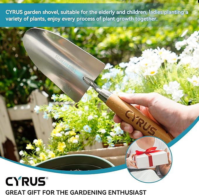 CYRUS 12.6”Garden Trowel,Heavy Duty Large Size Stainless Steel Garden Shovel with Ash Wood