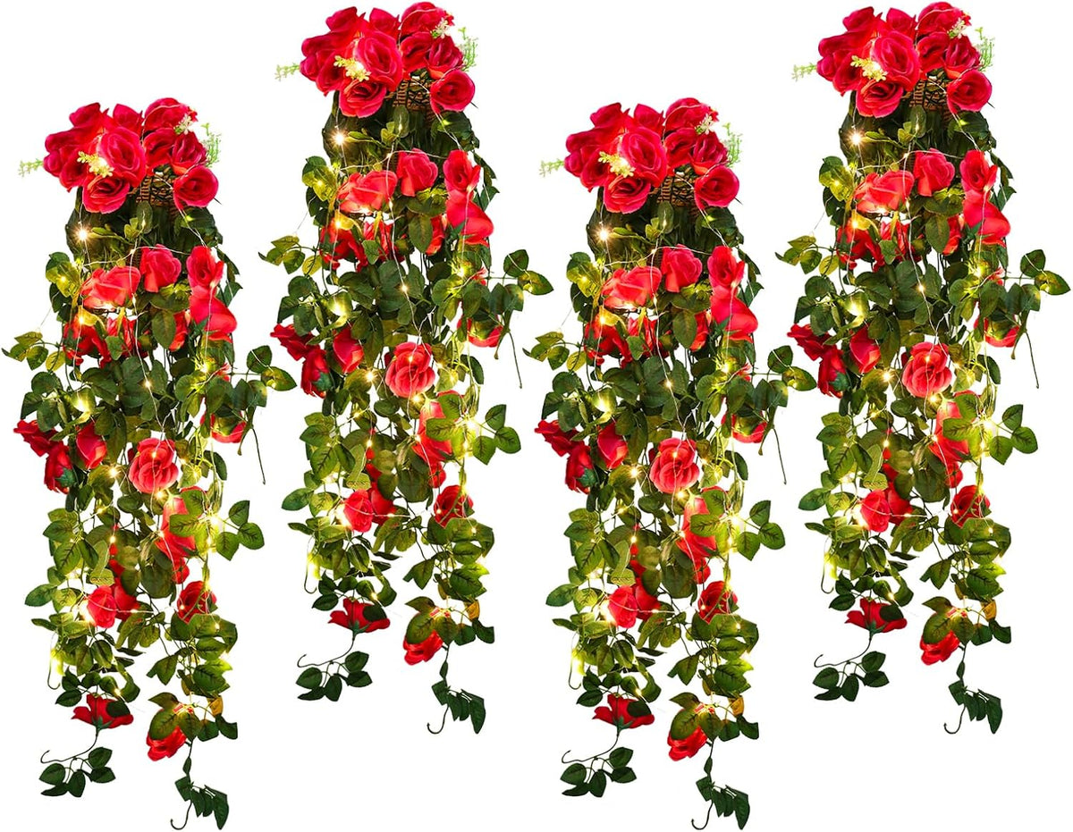 RECUTMS 4 Pack Artificial Plants Fake Hanging Flowers Faux Ivy Vines with LED Fairy Lights Plastic