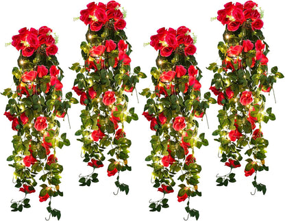 RECUTMS 4 Pack Artificial Plants Fake Hanging Flowers Faux Ivy Vines with LED Fairy Lights Plastic