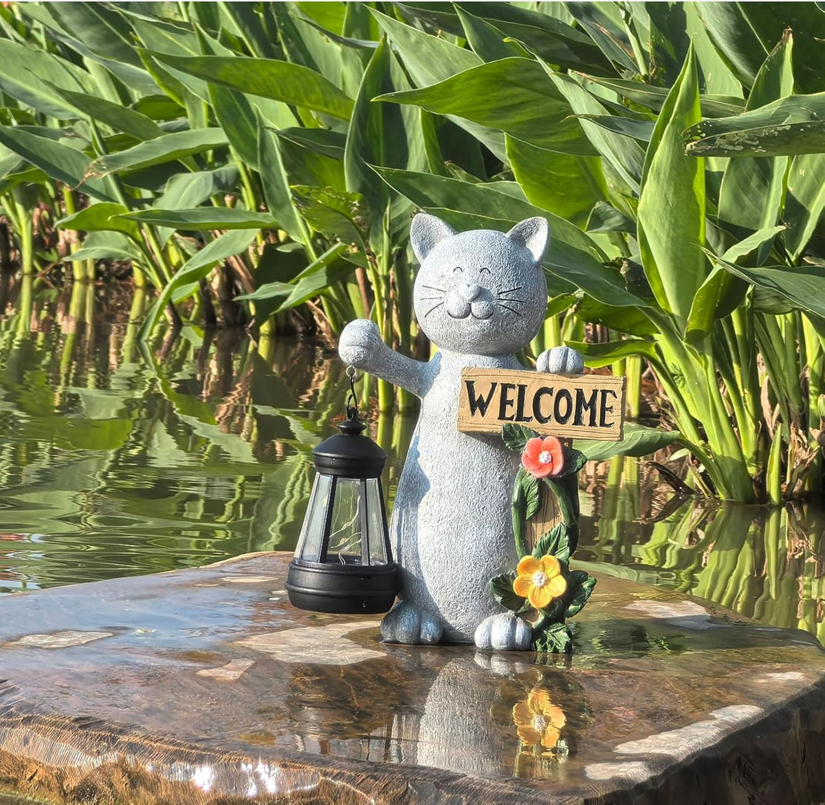 Solar Cat Statue Outdoor Decor-9.4" Welcome Garden with Sculpture Solar Lantern