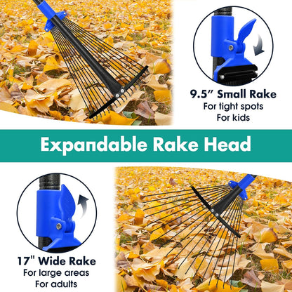 Rake, Leaf Rake with Expandable Head,18 Teeth, Adjustable 53 Inch Long Handle, 17 Inch Wide, Heavy